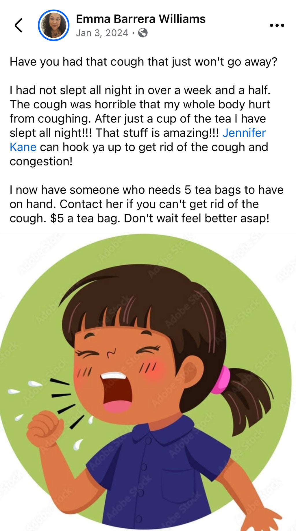 Facebook post by Emma Barrera Williams with a cartoon of a child coughing on a green circle background and talking about how the tea stopped her cough. 