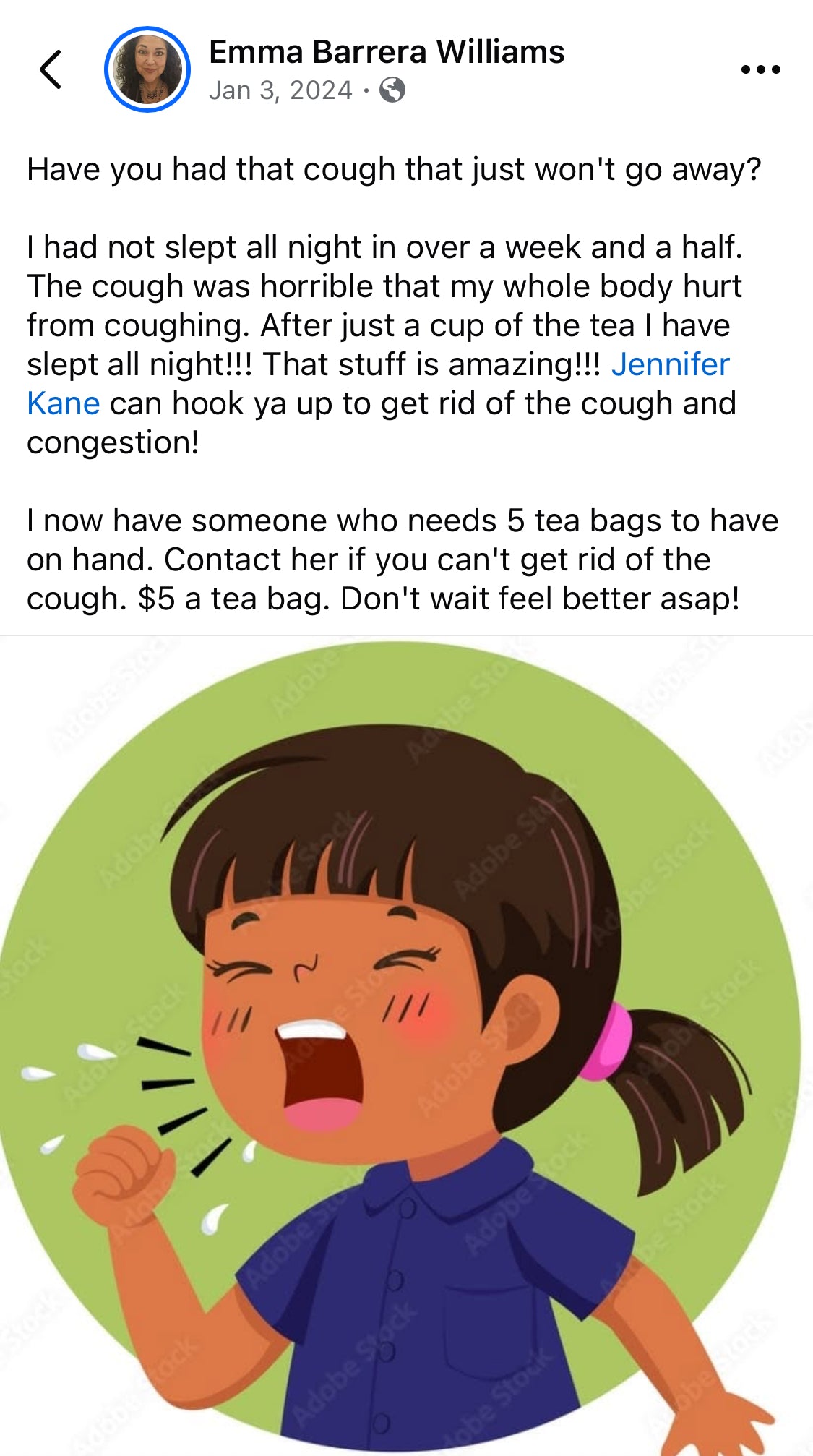 Facebook post by Emma Barrera Williams with a cartoon of a child coughing on a green circle background and talking about how the tea stopped her cough. 