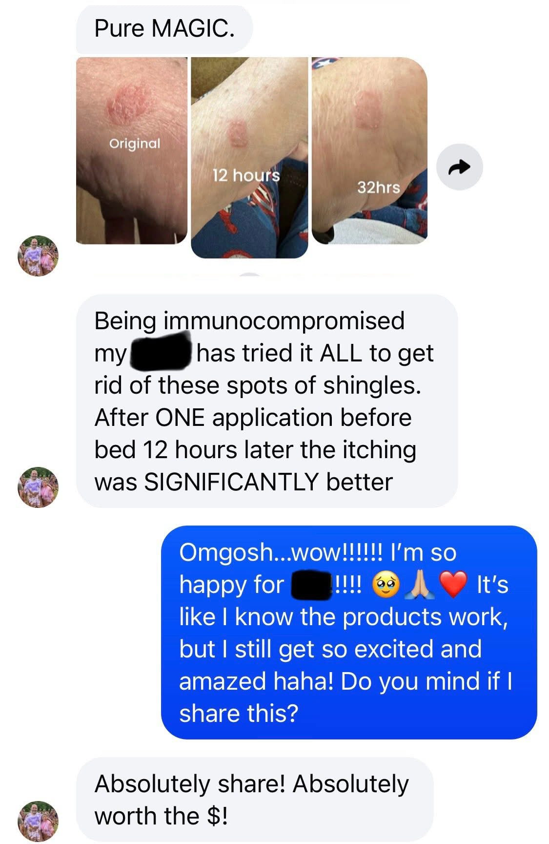 Before and after images of skin with spots, text feedback on effectiveness, and product packaging.