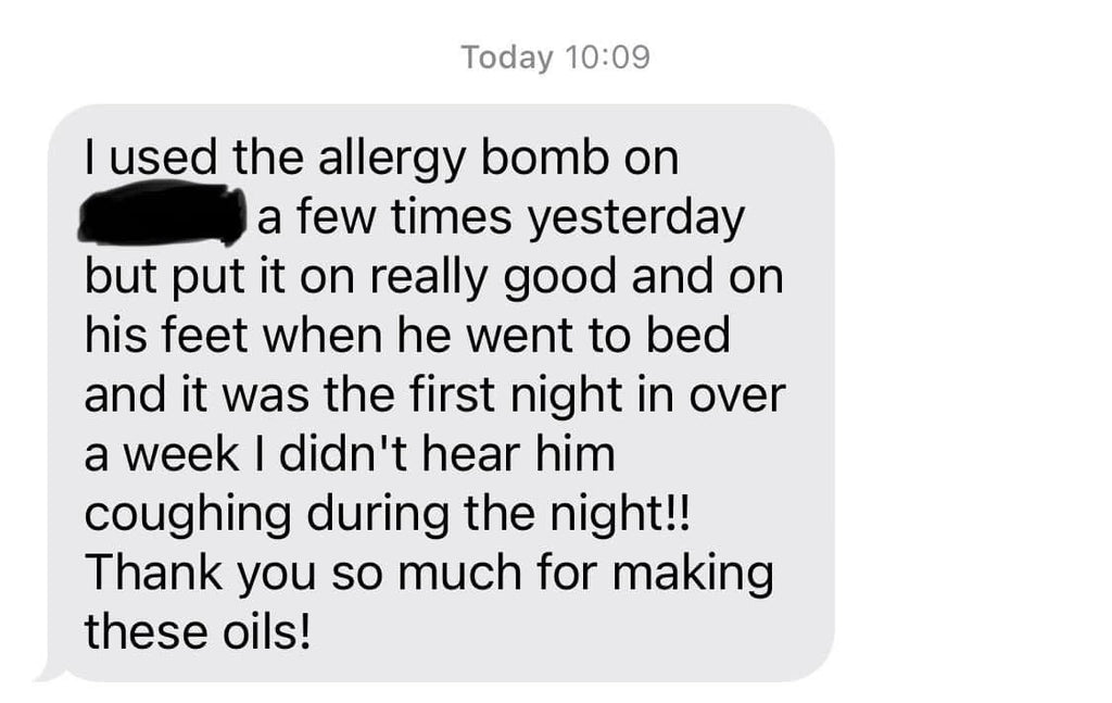Text message about using allergy relief product on a child and getting better. 
