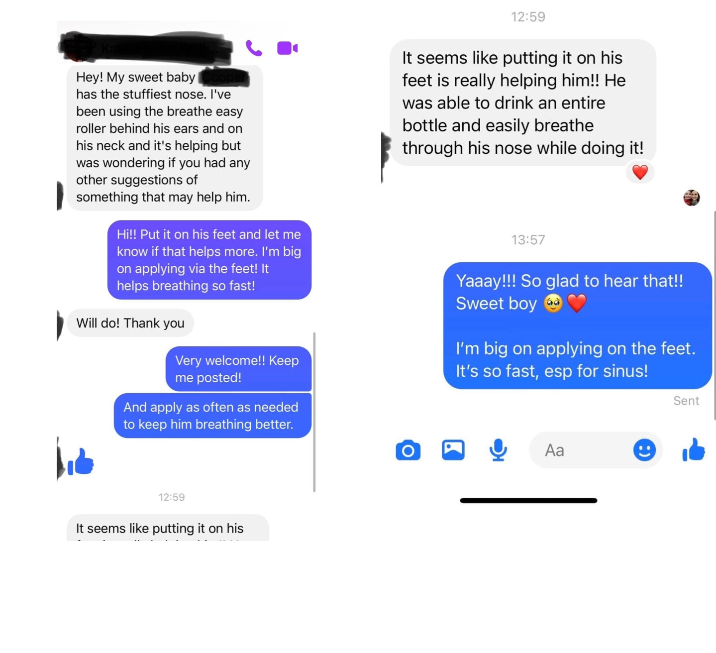 Text conversation about using a product on a child's feet for breathing issues.