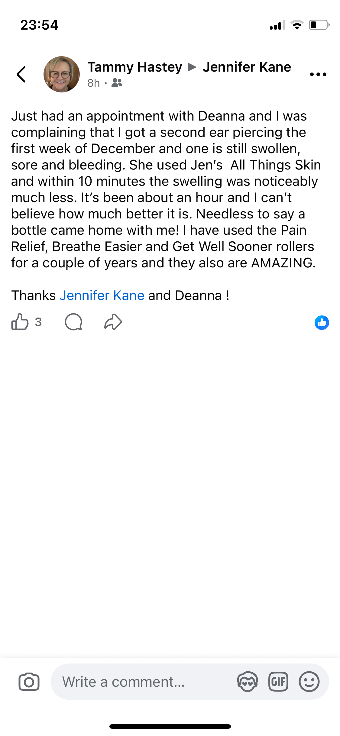 Social media post about product helping. 