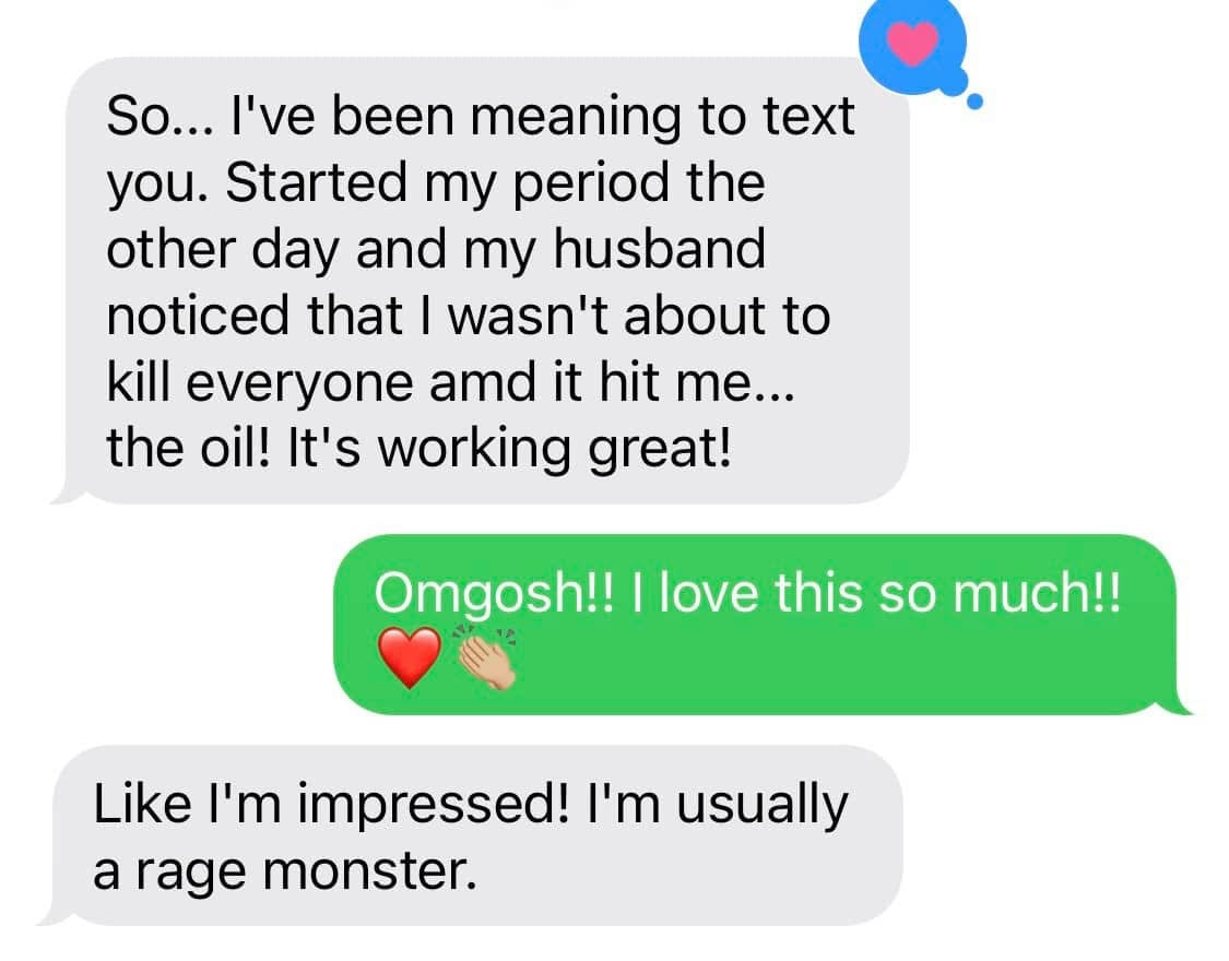 Text message conversation with heart and emoji reactions on a white background about hormone support helping. 