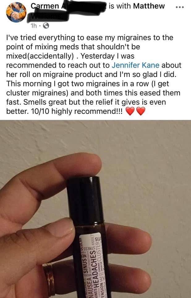 Hand holding a bottle of Jennifer product with text about migraines and relief.