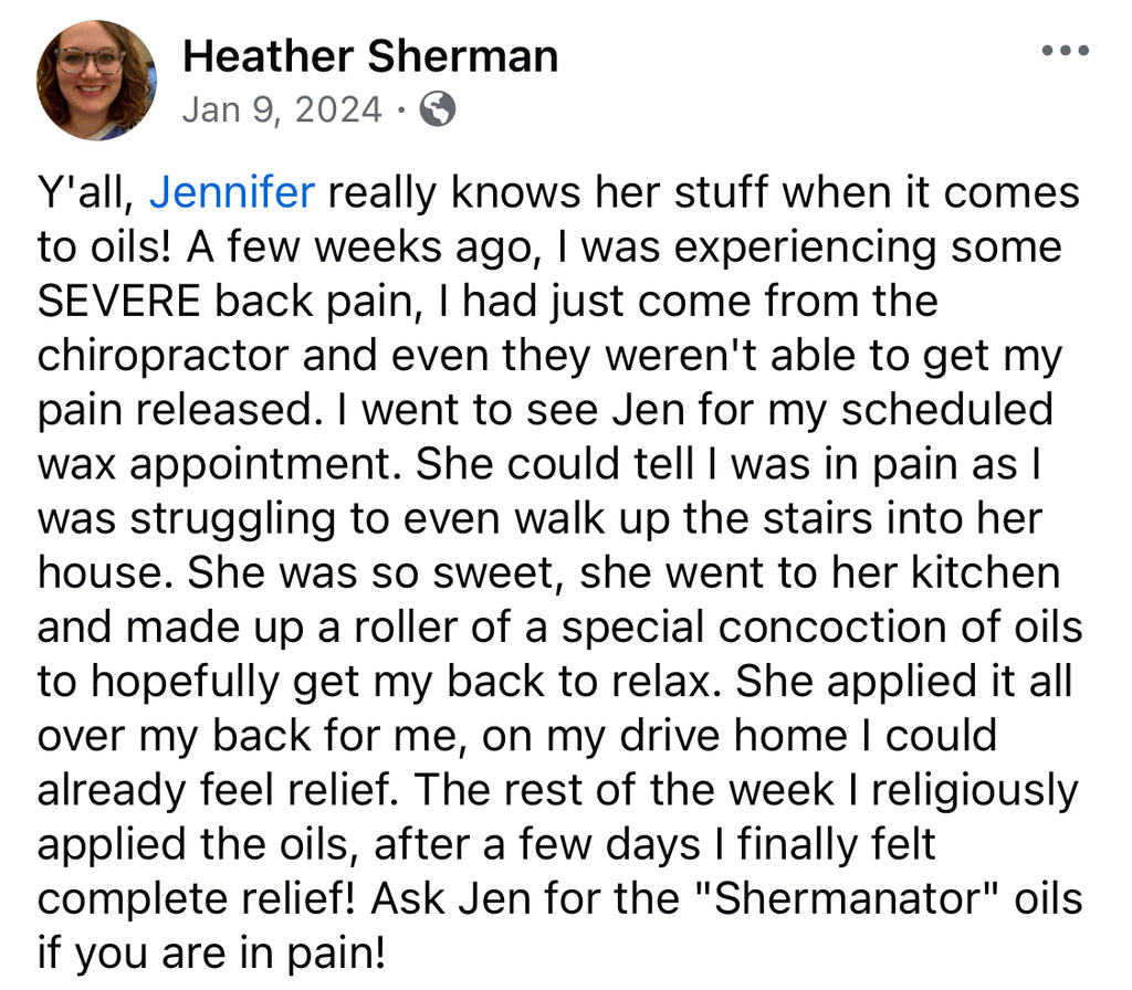 Text post by Heather Sherman about Jennifer's oil therapy for back pain relief.