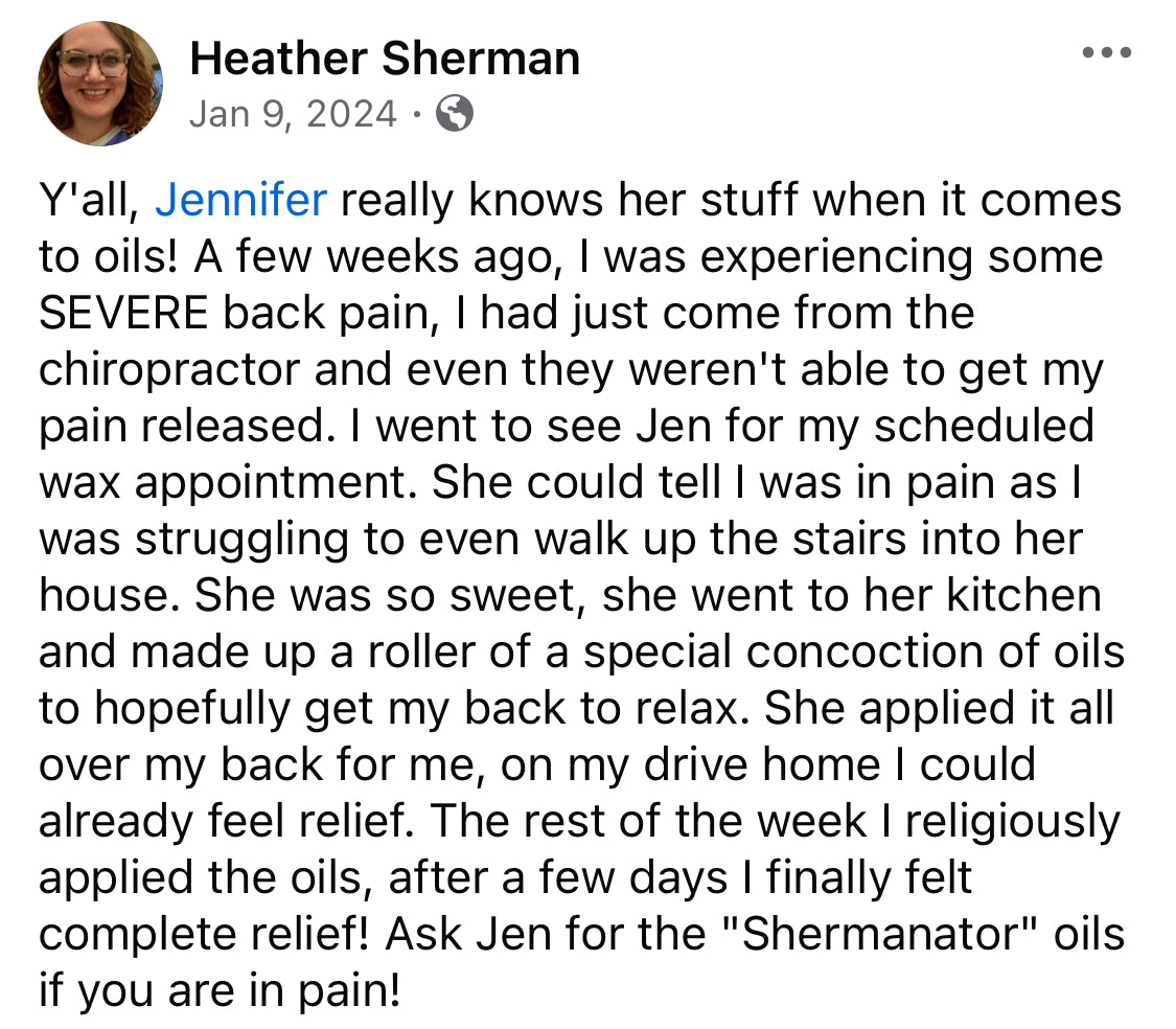 Text post by Heather Sherman about Jennifer's oil therapy for back pain relief.