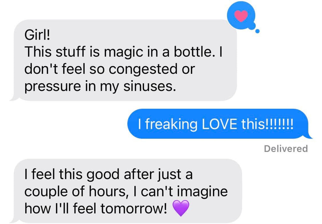 Text conversation about a product's effectiveness with heart emojis.