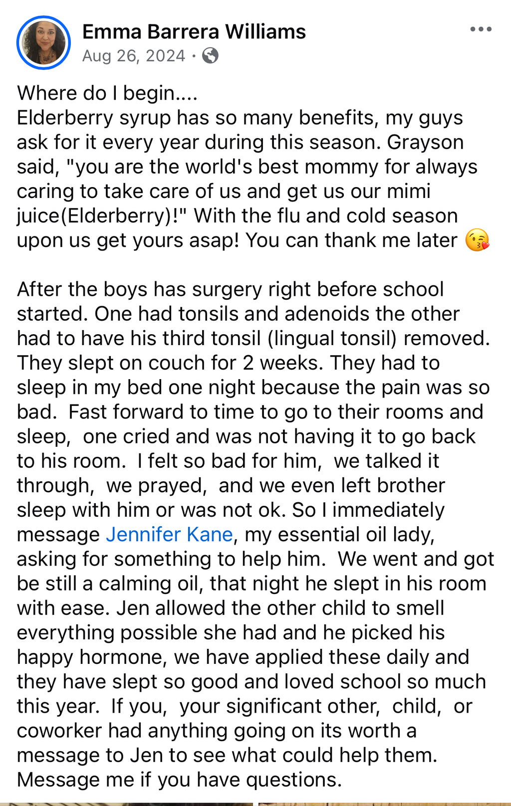 Facebook post by Emma Barrera Williams discussing elderberry syrup benefits and a personal experience with children's health issues.