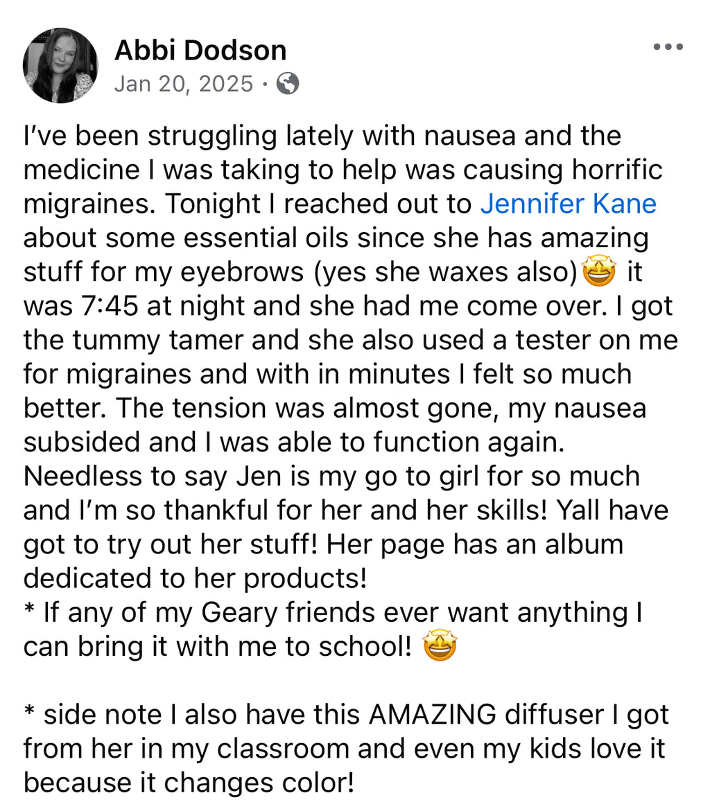 Text post by Abbi Dodson about using Jennifer’s products for migraines and eyebrows.