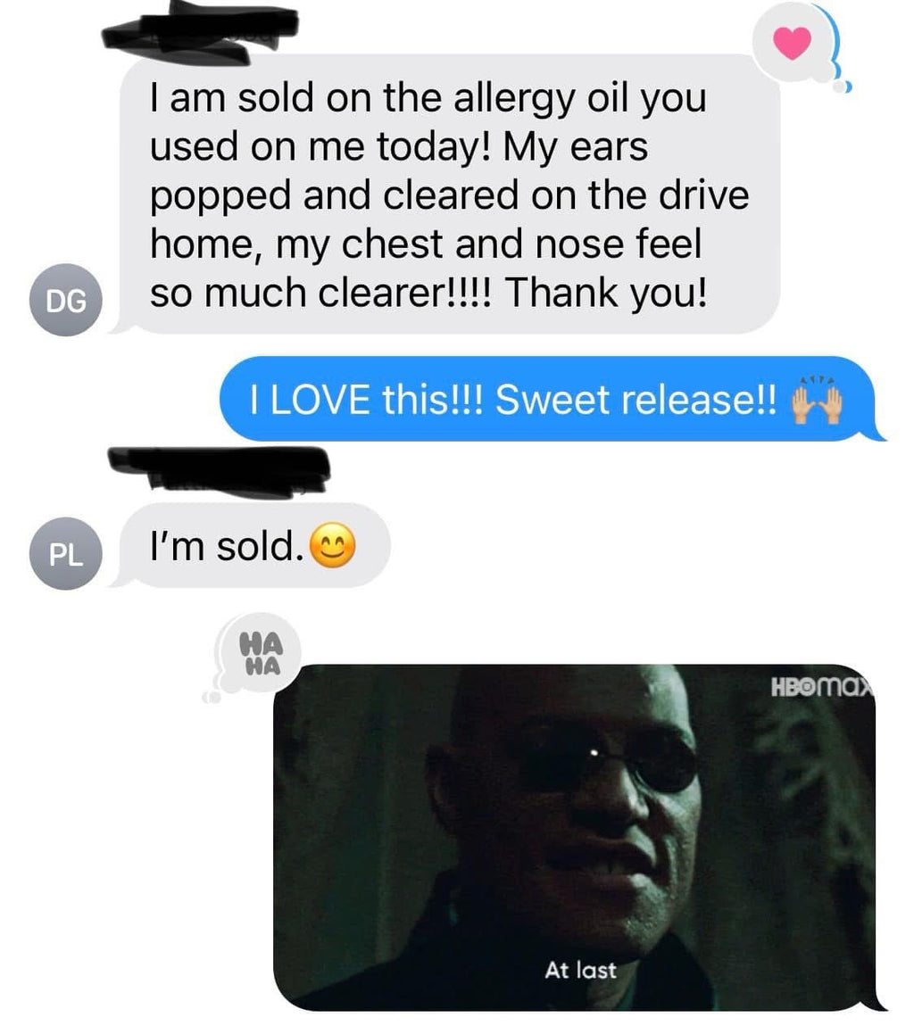 Text conversation about a product working, with a humorous reaction from a movie character.