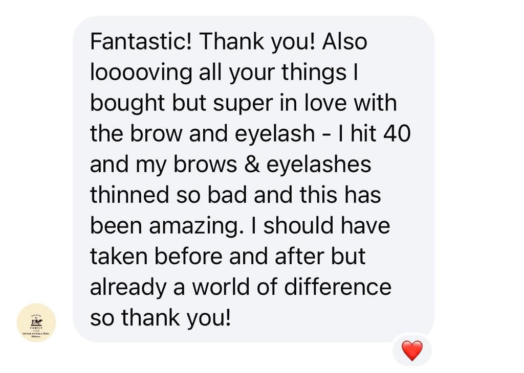 Text message expressing satisfaction with cosmetic products, specifically brow and eyelash products, on a white background.