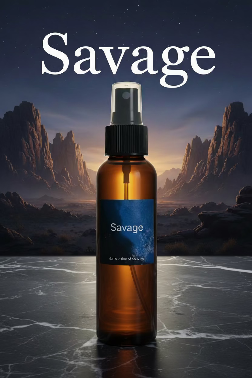 An amber glass spray bottle labeled 'Savage' by Jen's Vision of Savauge, sitting on a marble countertop with a mountainous background.