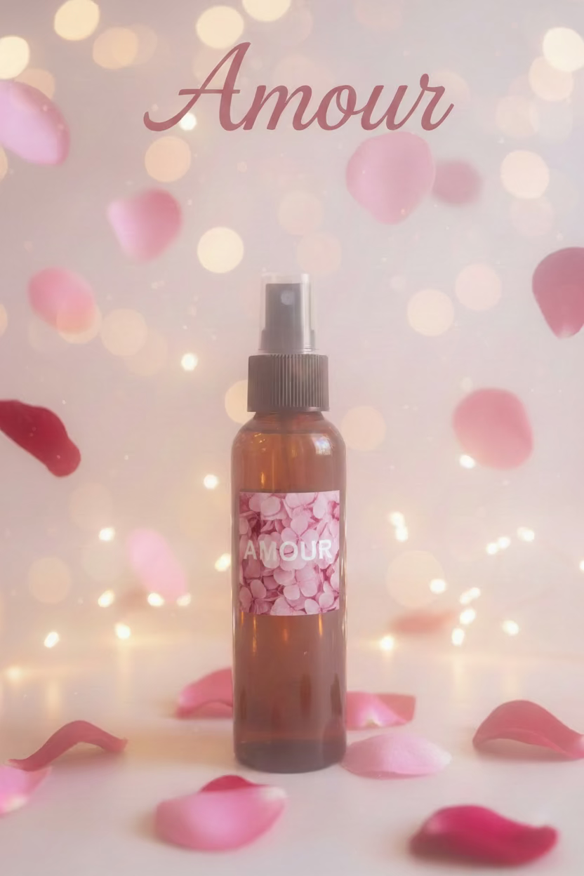 An amber glass spray bottle with a black pump dispenser and a pink rose-patterned label reading 'AMOUR', standing on a marble countertop with a blurred indoor home background.