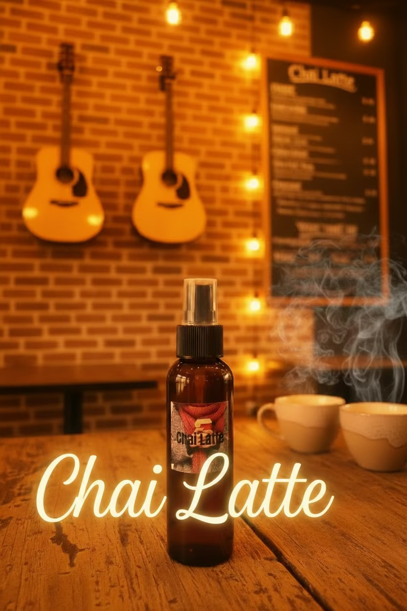 An amber glass spray bottle with a black spray cap and a label reading 'Chai Latte' featuring a red chai cup and sweater graphic, sitting on a marble countertop with a blurred indoor background.