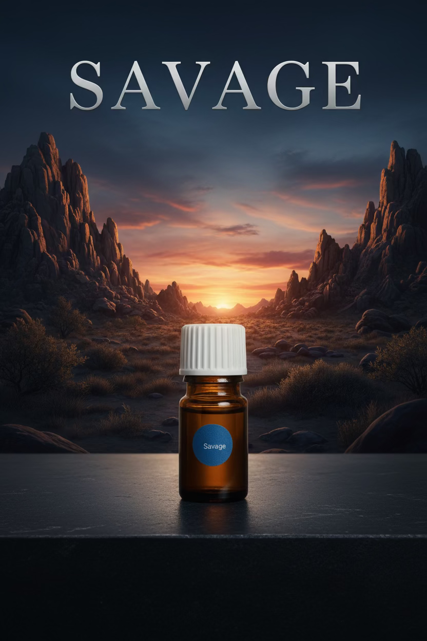 A small amber glass bottle with a white ribbed cap and a blue circular label reading 'Savage' stands on a marble countertop in a blurred home interior.