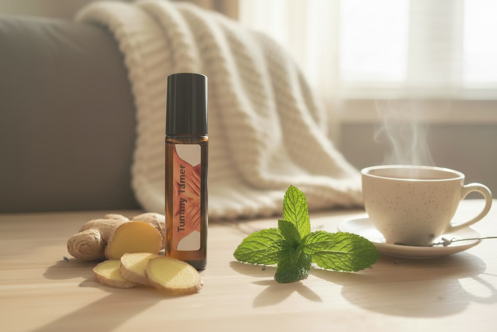 Handmade essential oil roller for digestive support and tummy relief