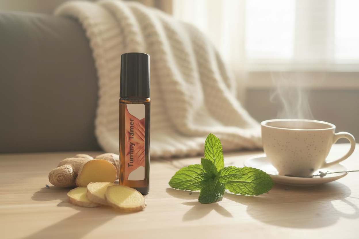 Handmade essential oil roller for digestive support and tummy relief
