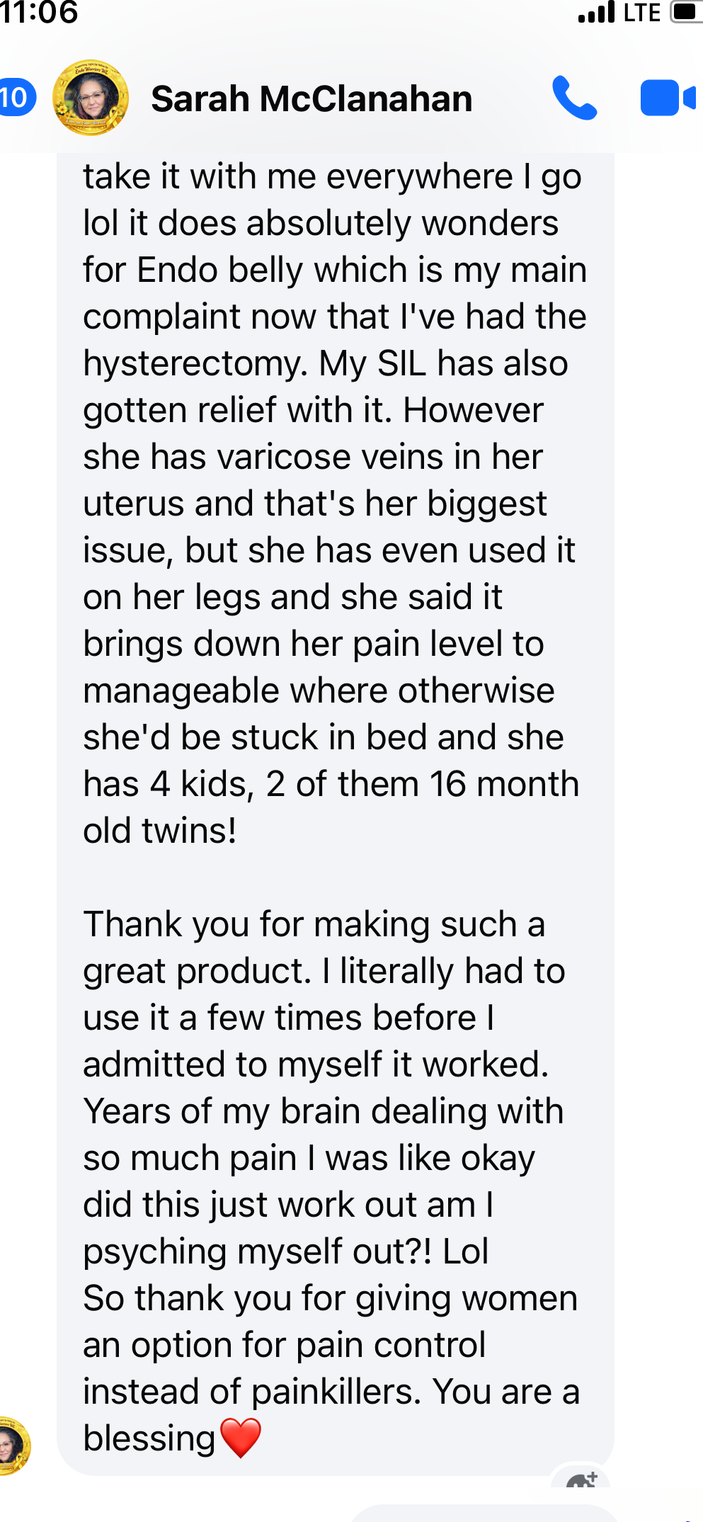 Text message from Sarah McClanahan discussing Endo belly and varicose veins and how it helps her feel better. 