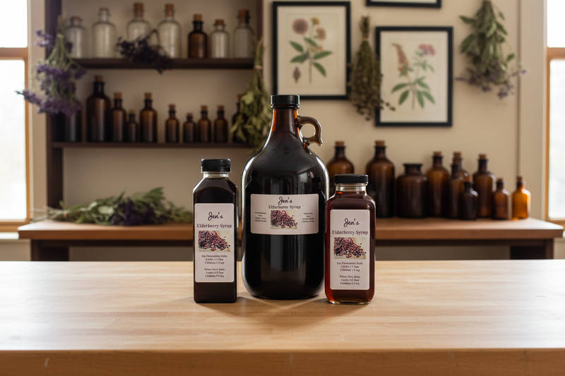 Collection of  Elderberry bottles with labels on a wooden surface, with a shelf of more bottles and framed botanical artwork in the background.