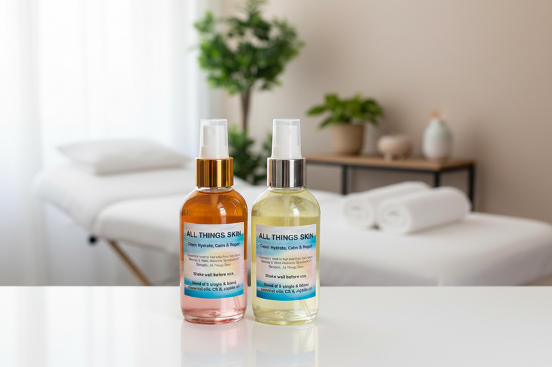 Two bottles of 'All Things Skin' skincare products on a table with a blurred background