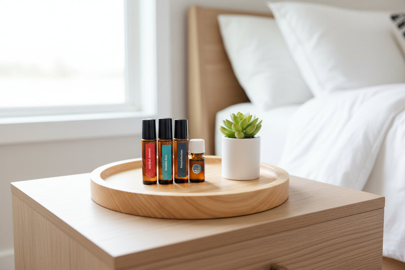 Essential oil bottles and a small potted plant on a wooden tray in a bedroom setting.
