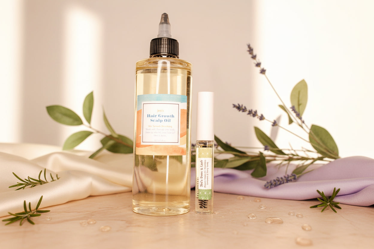 Handmade serum for natural eyebrow and eyelash growth by Jen's Products