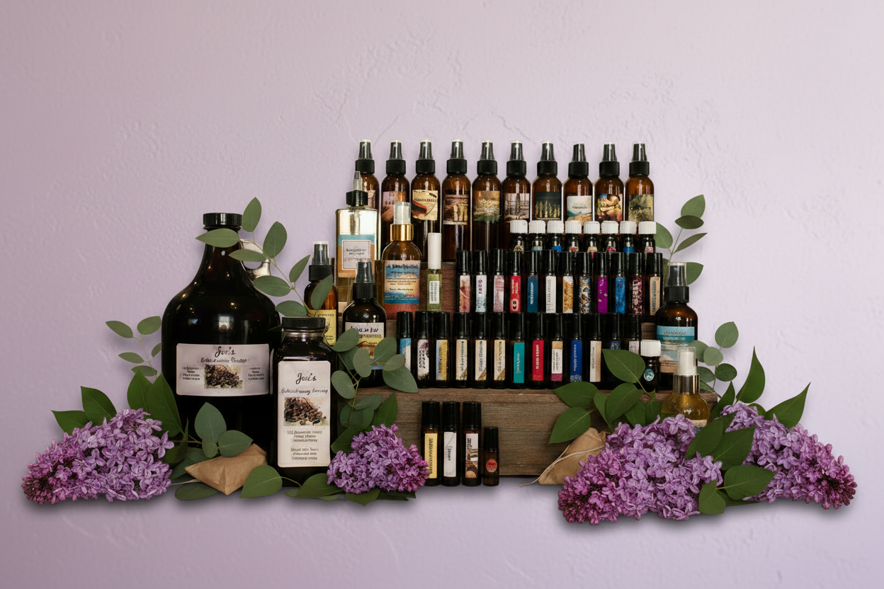 Collection of all products, like bottles, rollers, sprays, elderberry all arranged on a wooden shelves with purple lilac flowers on a light purple background